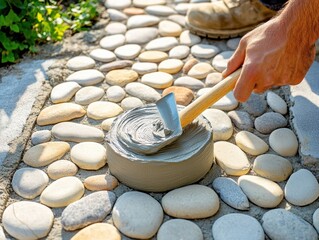 Close-up of hand using a wooden-handled trowel to apply smooth gray mortar on a pebble stone pathway outdoors in natural daylight
