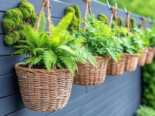 Close-up of green ferns and lush plants in woven hanging baskets arranged on a gray vertical garden wall outdoors