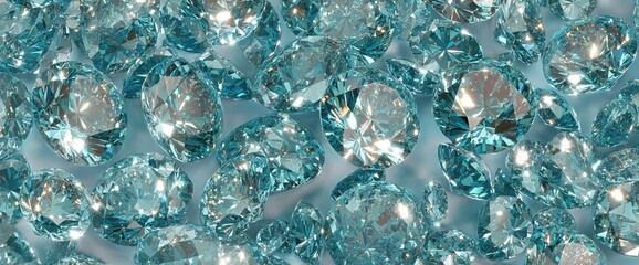 A close-up view of sparkling blue diamonds, showcasing their intricate cuts and brilliance against a soft blue background.