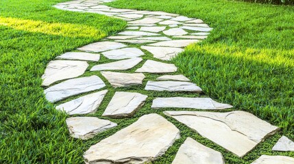 Curved hardscaping stone pathway with irregular flagstones set in vibrant green grass under natural daylight
