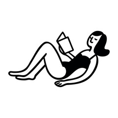 Black-haired woman in swimsuit lying on back reading a book, relaxing, leisure activity, summer concept.