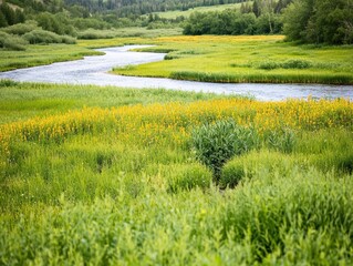 Curving river flowing through lush green landscape with yellow wildflowers and dense forest in the background under soft daylight