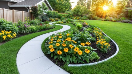 Curved white concrete pathway bordered by vibrant yellow flowers and lush green grass in a well-maintained backyard garden during sunset