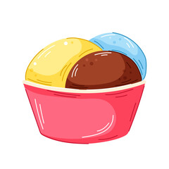 Colorful ice cream in pink bowl of with lemon, chocolate and mint scoop in cartoon. Perfect for dessert menu, packaging and sweet food design.