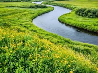 Curving river flowing through lush green fields with vibrant yellow wildflowers and dense grass under natural daylight