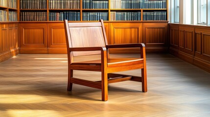 Elegant wooden armchair with custom wood carving details placed in a bright room with wooden parquet flooring and bookshelves