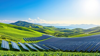 Expansive solar panel farm installed on rolling green hills under a bright blue sky with sunlight illuminating photovoltaic cells