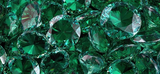 A vibrant collection of green gemstones, showcasing their brilliant facets and sparkling surfaces.
