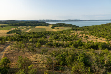 elevated morning view of the tihany peninsula and lake balaton