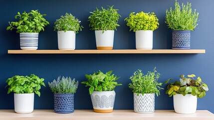 Fresh green herb plants in various white and blue ceramic pots arranged on wooden shelves against a dark blue wall background