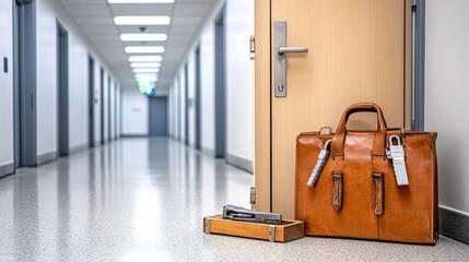 Leather briefcase and locksmith tools placed on the floor next to a partially open office door in a modern hallway with bright lighting