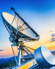 Large satellite dish antenna with alignment tool mounted on metal structure against clear blue sky during sunset