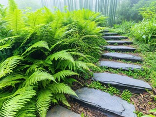 Lush green ferns alongside natural stone steps creating a serene backyard garden design with dense foliage and peaceful outdoor pathway
