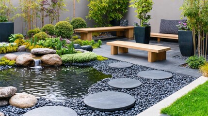 Modern backyard garden design layout featuring wooden benches, stepping stones, black pebbles, and a decorative pond with rocks