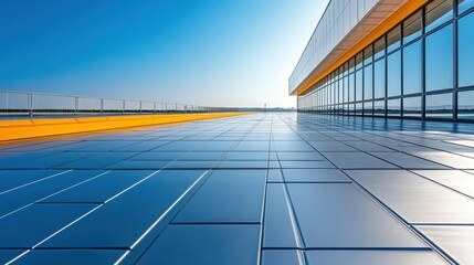 Modern building facade with reflective blue glass panels and yellow architectural accents under clear blue sky