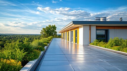 Modern flat roof with reflective waterproofing membrane under blue sky and surrounded by green trees in natural daylight