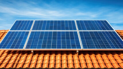 Rooftop solar panel array installed on terracotta tile roof under clear blue sky with bright natural sunlight