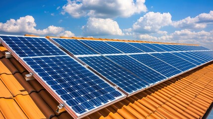 Rooftop solar panel array installed on terracotta roof tiles under a bright blue sky with scattered clouds during daytime