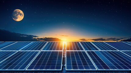 Rooftop solar panel array capturing sunlight during sunset with full moon and starry night sky in the background