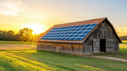 Rustic wooden barn with solar panels mounted on the roof at sunset in a green rural field under a clear sky