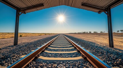 Sunlit railway tracks extending into the horizon under a corrugated metal roof structure with clear blue sky and open landscape
