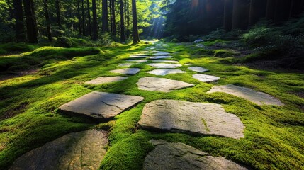 Sunlit stone pathway surrounded by lush green moss and tall forest trees creating a serene natural walkway in the woods