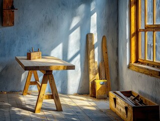 Sunlit rustic woodworking workshop with wooden table, hand tools, wooden planks, and toolbox on wooden floor under large window light