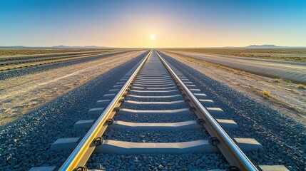 Sunset view of empty railway tracks stretching into the horizon across dry flat landscape under clear sky