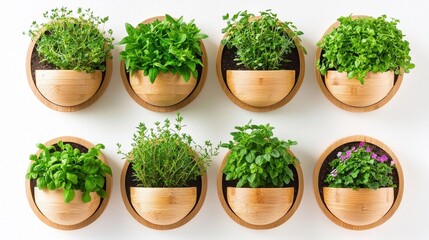 Top view of fresh green herbs and flowering plants arranged in wooden round planters on white wall for vertical garden decoration