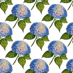 A seamless watercolor pattern featuring vibrant blue and pink hydrangeas with detailed green leaves, creating a delicate and elegant floral design perfect for various applications.