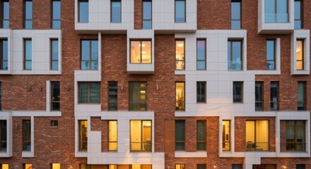 Fototapeta premium Brick Facade Building with Modern Design - Architectural showcasing a contemporary apartment building. The symbolizes urban living, modern architecture, innovative design, residential spaces