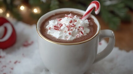Peppermint hot chocolate with candy cane garnish and a cozy winter background