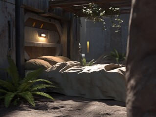Cozy futuristic bedroom design sci-fi environment interior natural lighting relaxed viewpoint modern comfort concept