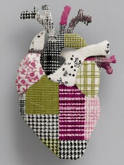 3D model of a human heart made of different colorful patterned fabrics, combining healthcare and craft