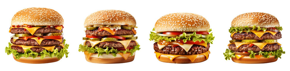 Collection of delicious cheeseburgers, isolated on a transparent background