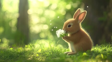 Fototapeta premium Cute bunny, light-filled forest, enjoying a dandelion