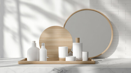 ナチュラルな木製トレーに並ぶ白いスキンケア容器 | 上質な質感