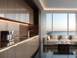 Modern kitchen interior design with scenic view luxury apartment home decor bright environment contemporary style