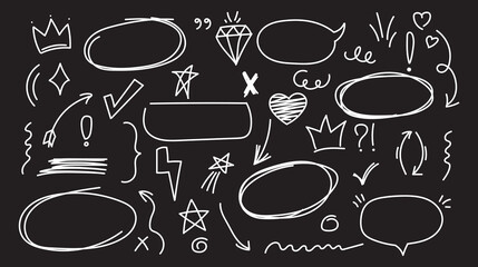 Line hand drawn brush marker arrow, heart, crown element set. Hand drawn sketch marker underline shape, arrow, star scribble brush pen stroke element. Crown, love graphic icon. Vector illustration