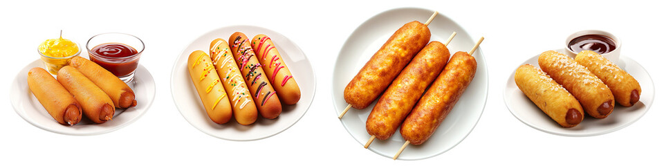 Collection of delicious corn dogs on plates, isolated on a transparent background