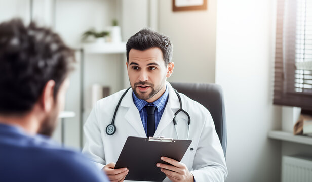 A doctor consults with a patient in a bright office, focusing on health and wellness during their discussion. - Powered by Adobe