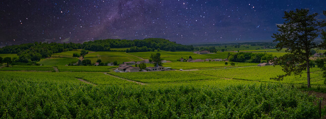 Bordeaux vineyards in Saint-Emilion shine under a clear starry sky, capturing the serene beauty of nature at night in Saint-Laurent-des-Combes with a touch of religion.