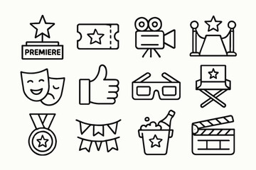 Film icons: premiere, ticket, camera, red carpet, theater masks, director's chair