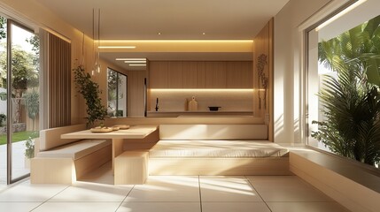 Custom L-shaped built-in seating with storage beneath cushions in dining area