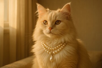Luxurious feline elegance: majestic cat with pearl necklace in sunlit room for elegant decor