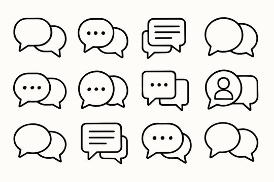 Set of black and white speech bubble icons with chat symbols