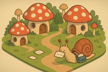 Whimsical mushroom village with snail mail delivery for illustrative design