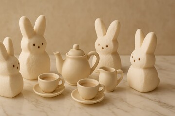 Marshmallow bunny tea party scene on marble surface