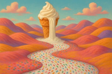 Whimsical candyland landscape with ice cream waterfall amidst colorful hills