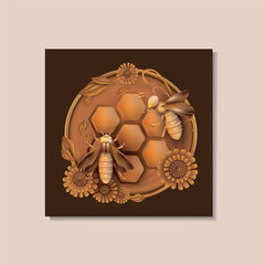 Bees in hive with honeycombs and flowers nearby. Vector drawing in the wood-cut panel style for kitchen wall design, other room, T-shirt printing, cup, honey jar label, honey selling shop advertising.